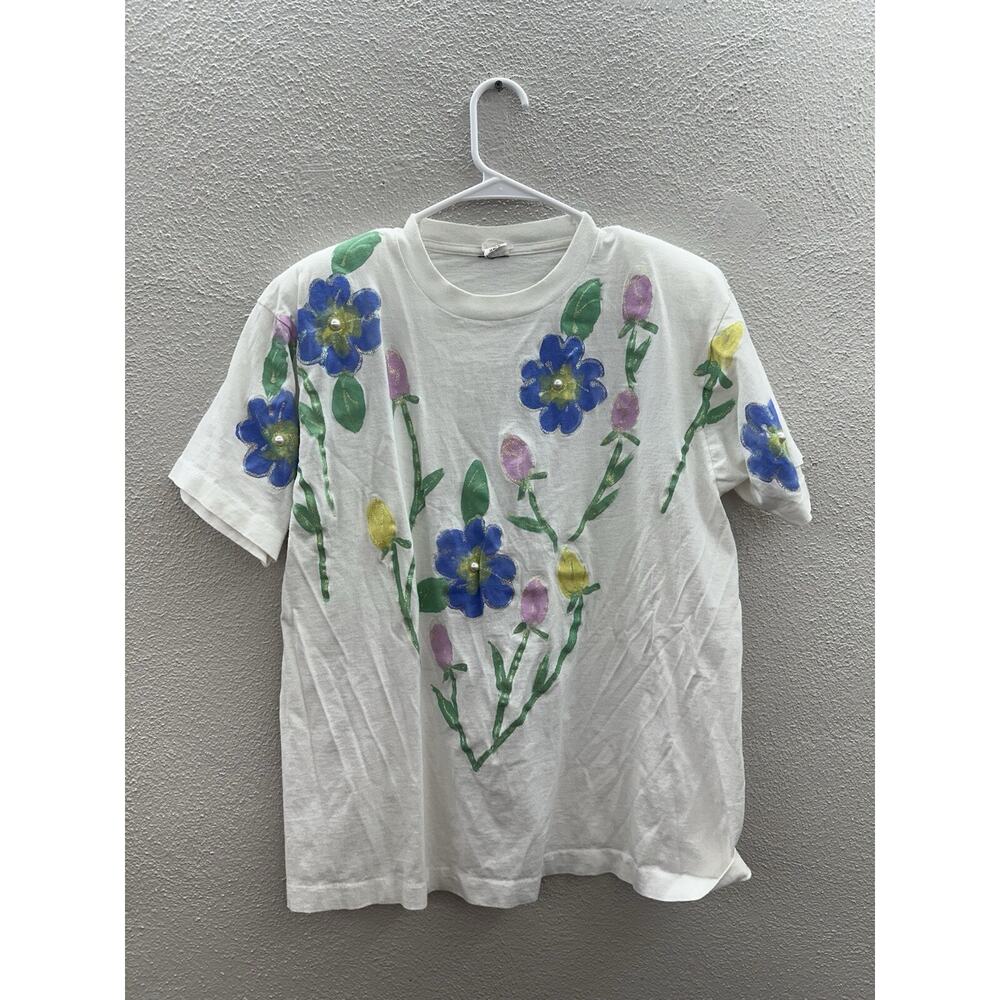 Wet Paint Womens T-Shirt Size Unknown White Short Sleeve Painted Flowers USA VTG